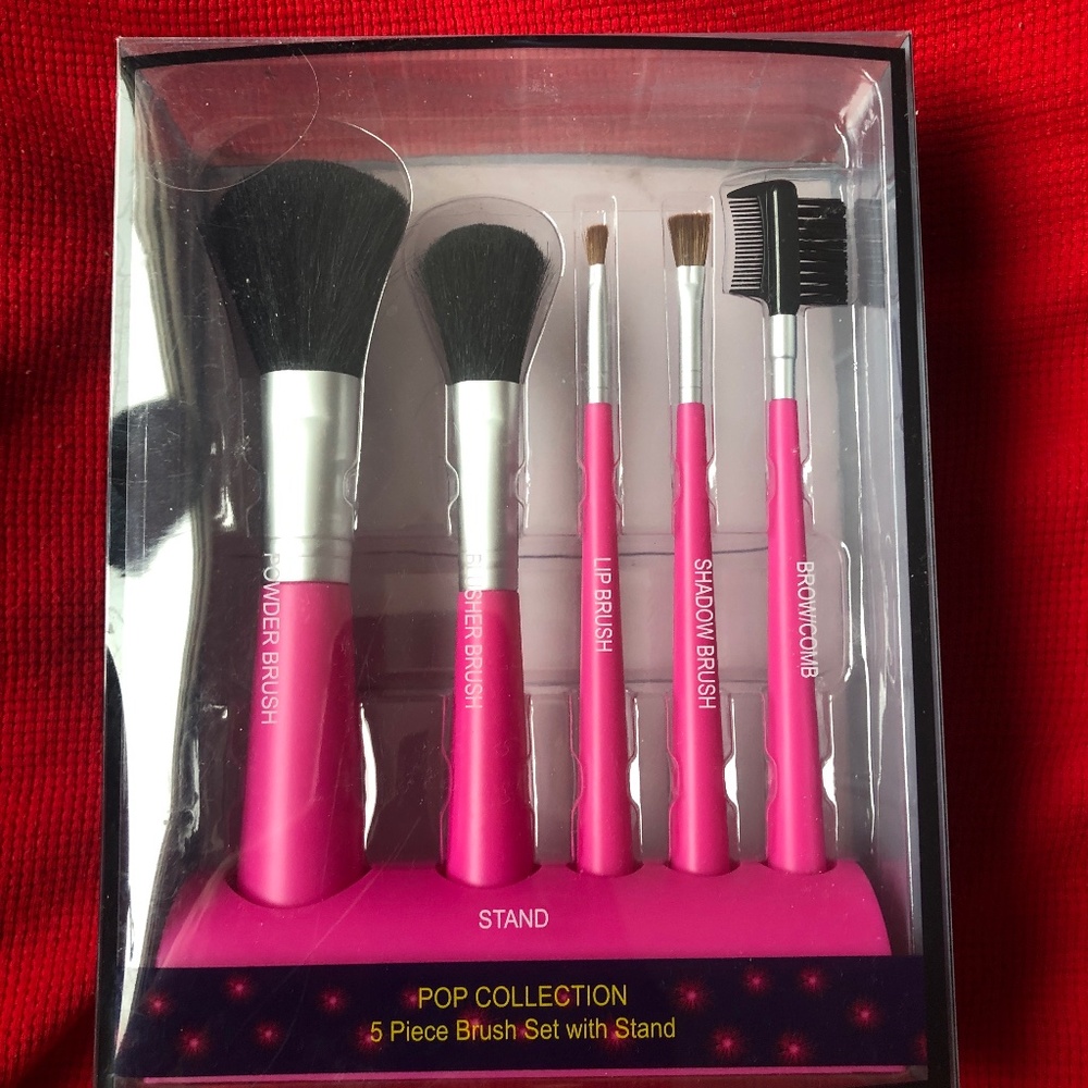 5 Pc Set Facial Brushes With Stand Pink New